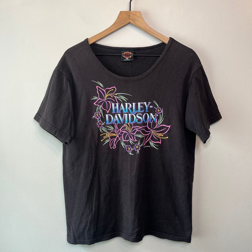 Harley Davidson Women's Floral Print Muncie IN Short Sleeve Top Size Medium
